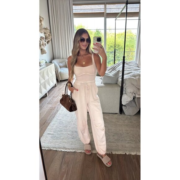FREE PEOPLE Movement Inbound Onesie Stretch Jumpsuit in Cashmere Size Large - Picture 1 of 9